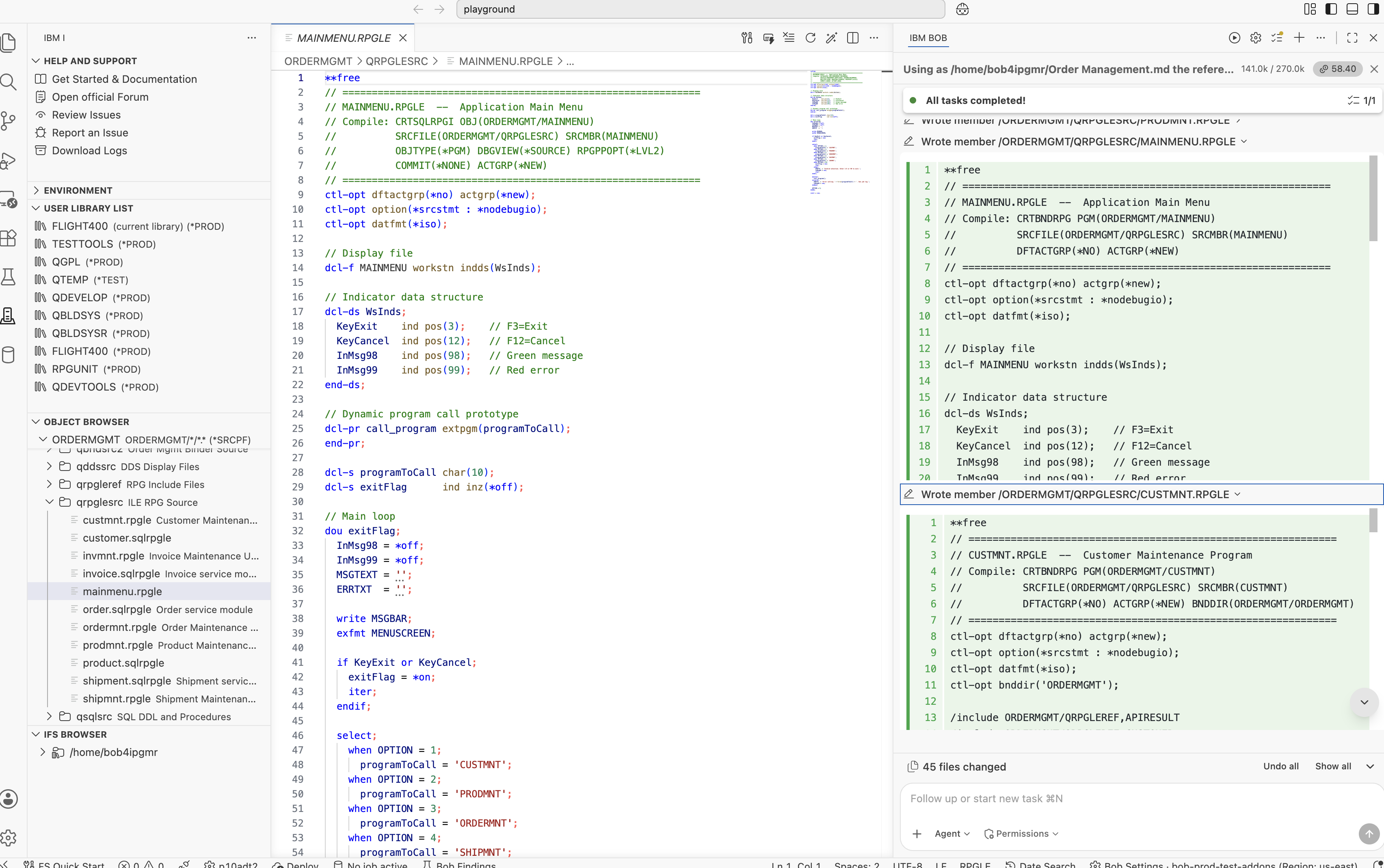 MAINMENU RPG program using a dynamic EXTPGM prototype for late-bound program calls